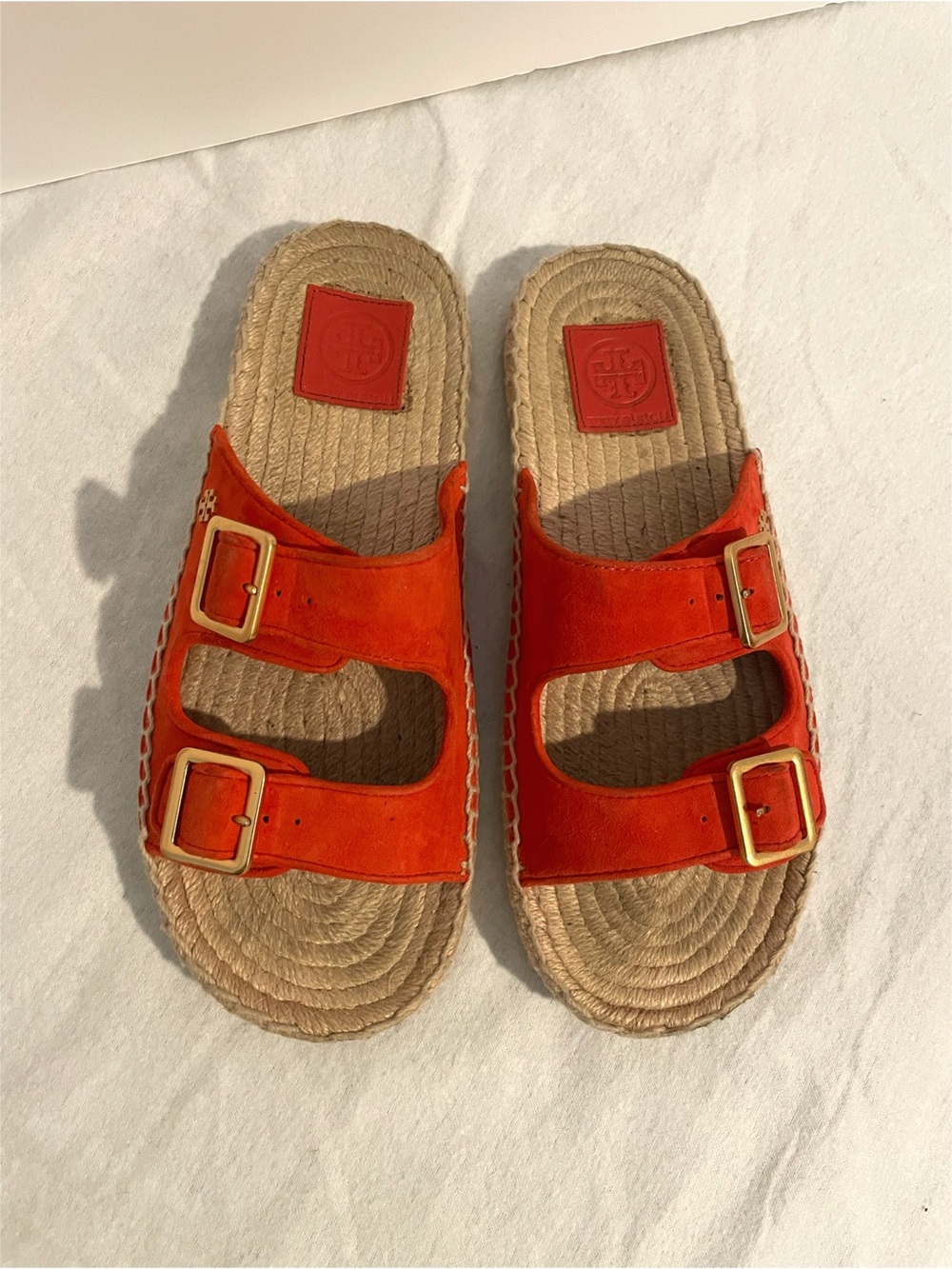 Tory Burch Orange Suede Espadrille Slide Sandals Buckle Logo Women’s US 7.5